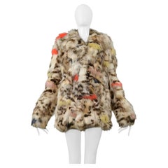 Saint Laurent Paris White & Multicolor Stenciled Fox Fur Chubby Coat 2017