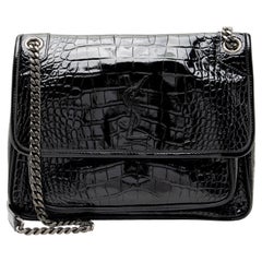 Saint Laurent Patent Croc Embossed Leather Monogram Niki Medium Shoulder Bag