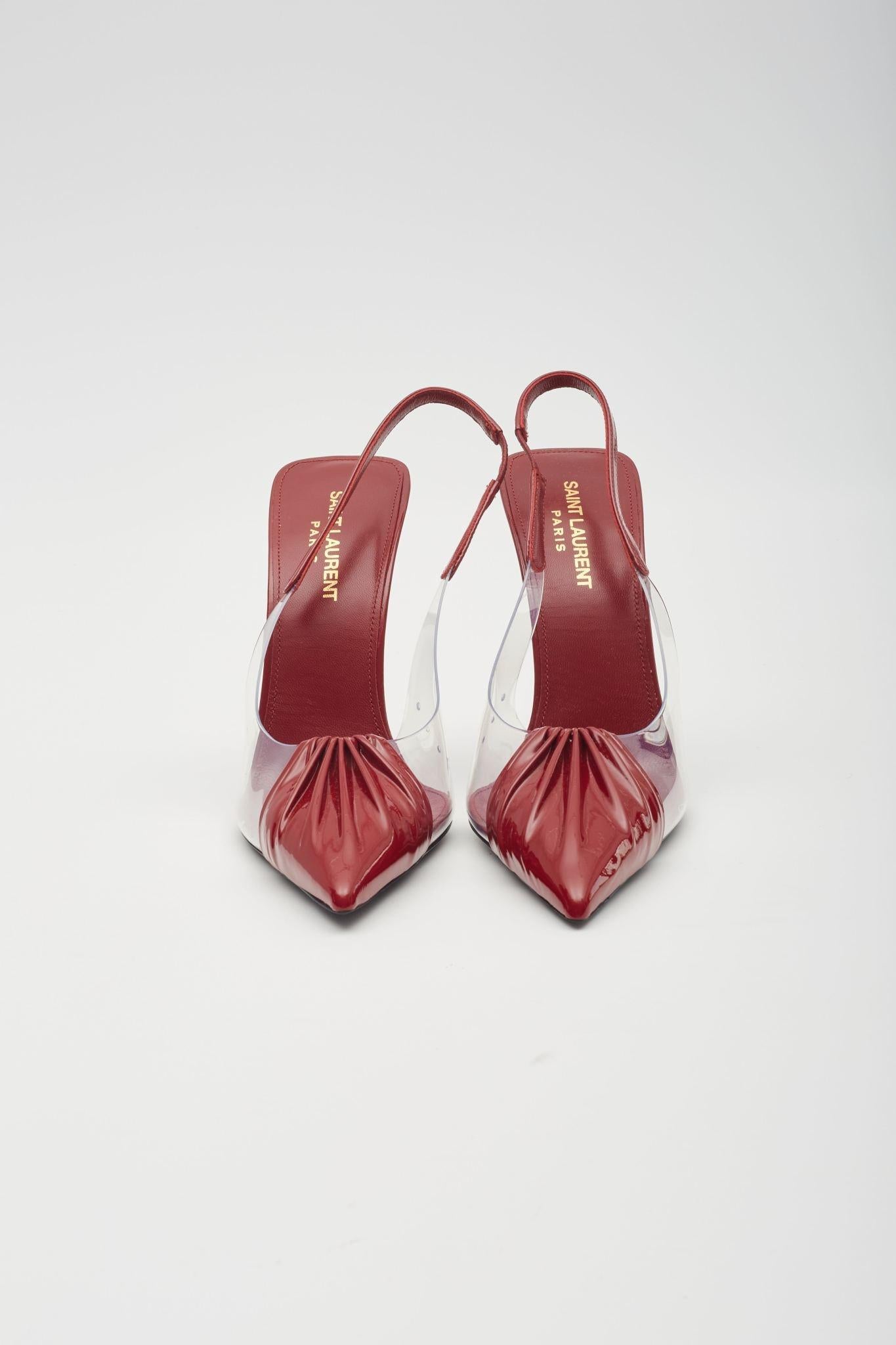 Saint Laurent Patent Red Chica 115 Slingback Heels EU 38 In Excellent Condition In Montreal, Quebec