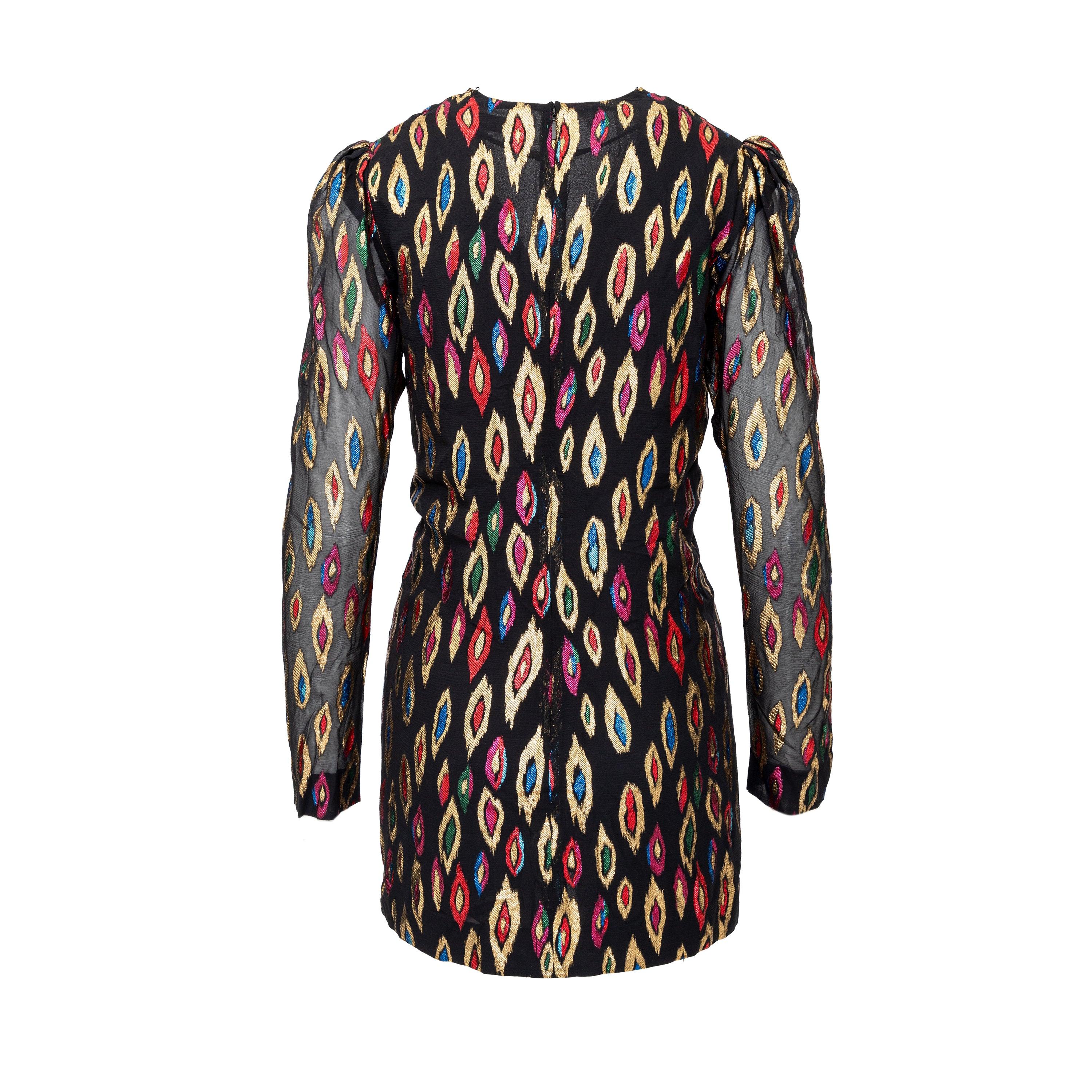 This Saint Laurent Peacock Jacquard Cocktail Dress combines elegance with a touch of playfulness. The black semi-sheer fabric is adorned with intricate gold and multicolored embroidery, creating a stunning visual effect. The deep v-neck and ruched