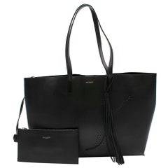 Saint Laurent Perforated Used Black Leather Shopping Bag 