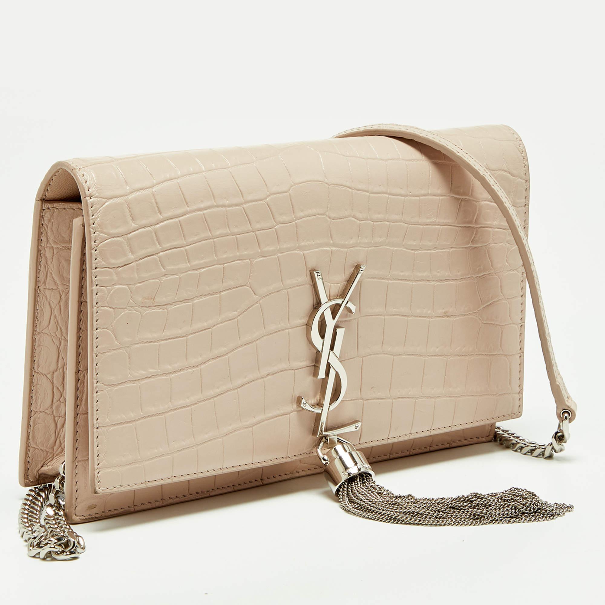 Beige Saint Laurent Pink Croc Embossed Leather Kate Tassel Chain Wallet