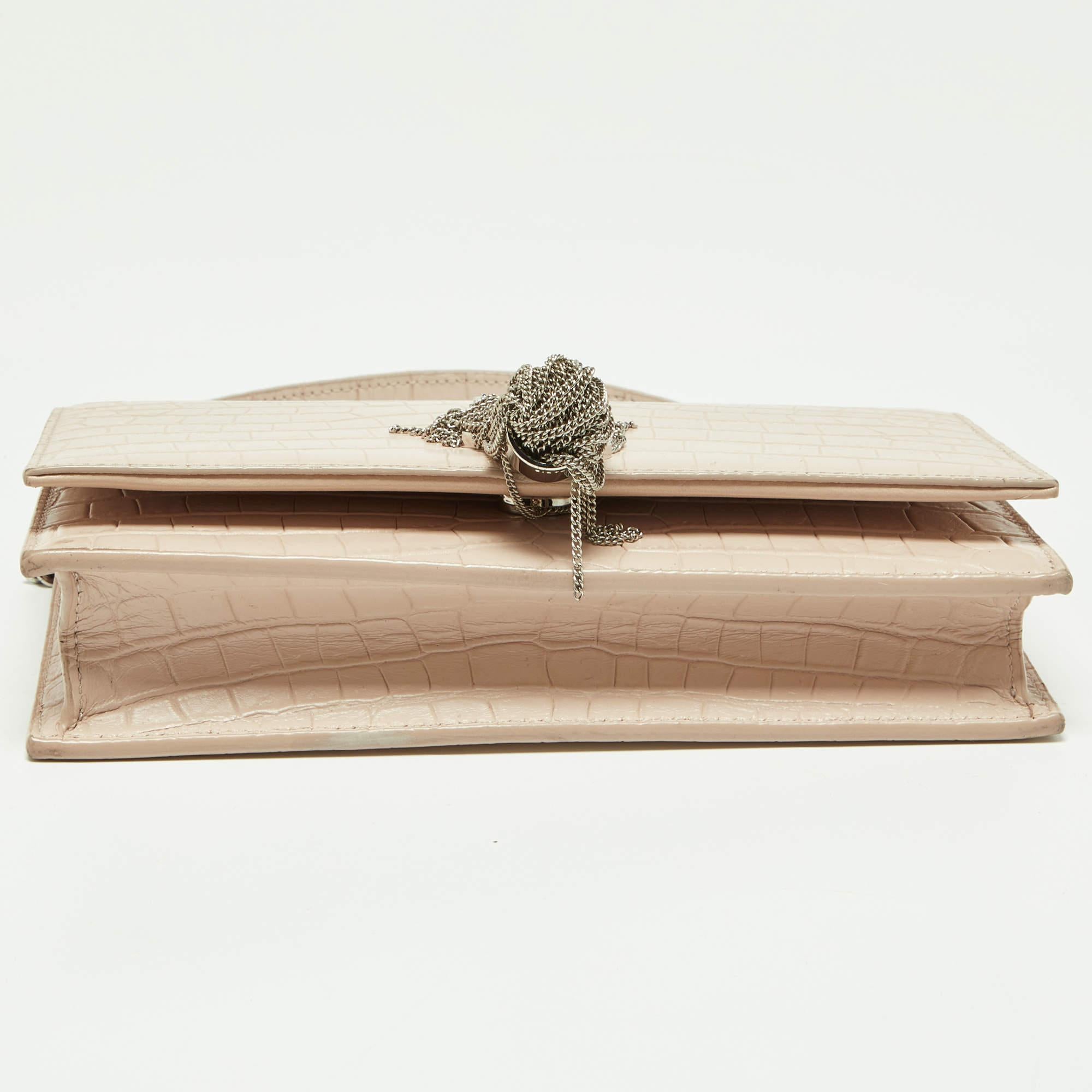 Saint Laurent Pink Croc Embossed Leather Kate Tassel Chain Wallet In Good Condition In Dubai, Al Qouz 2