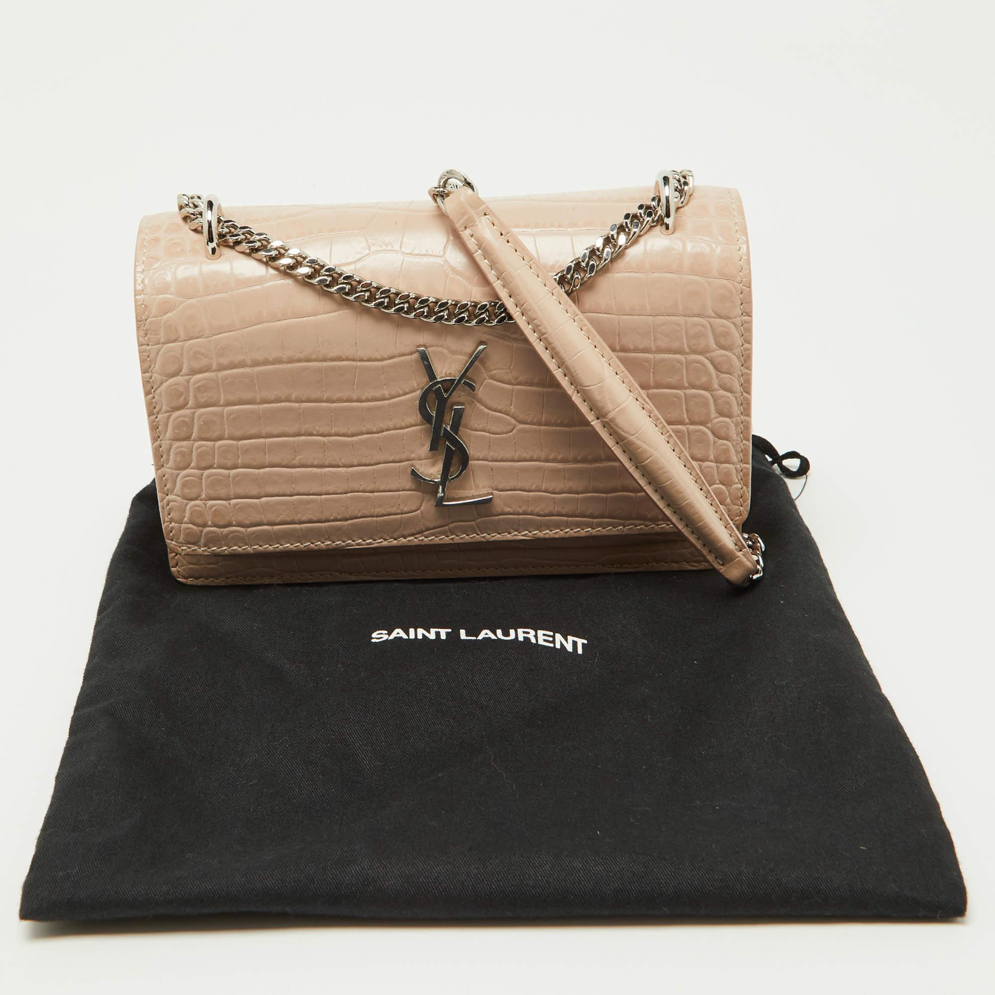 Saint Laurent Pink Croc Embossed Leather Sunset Wallet On Chain For Sale 13