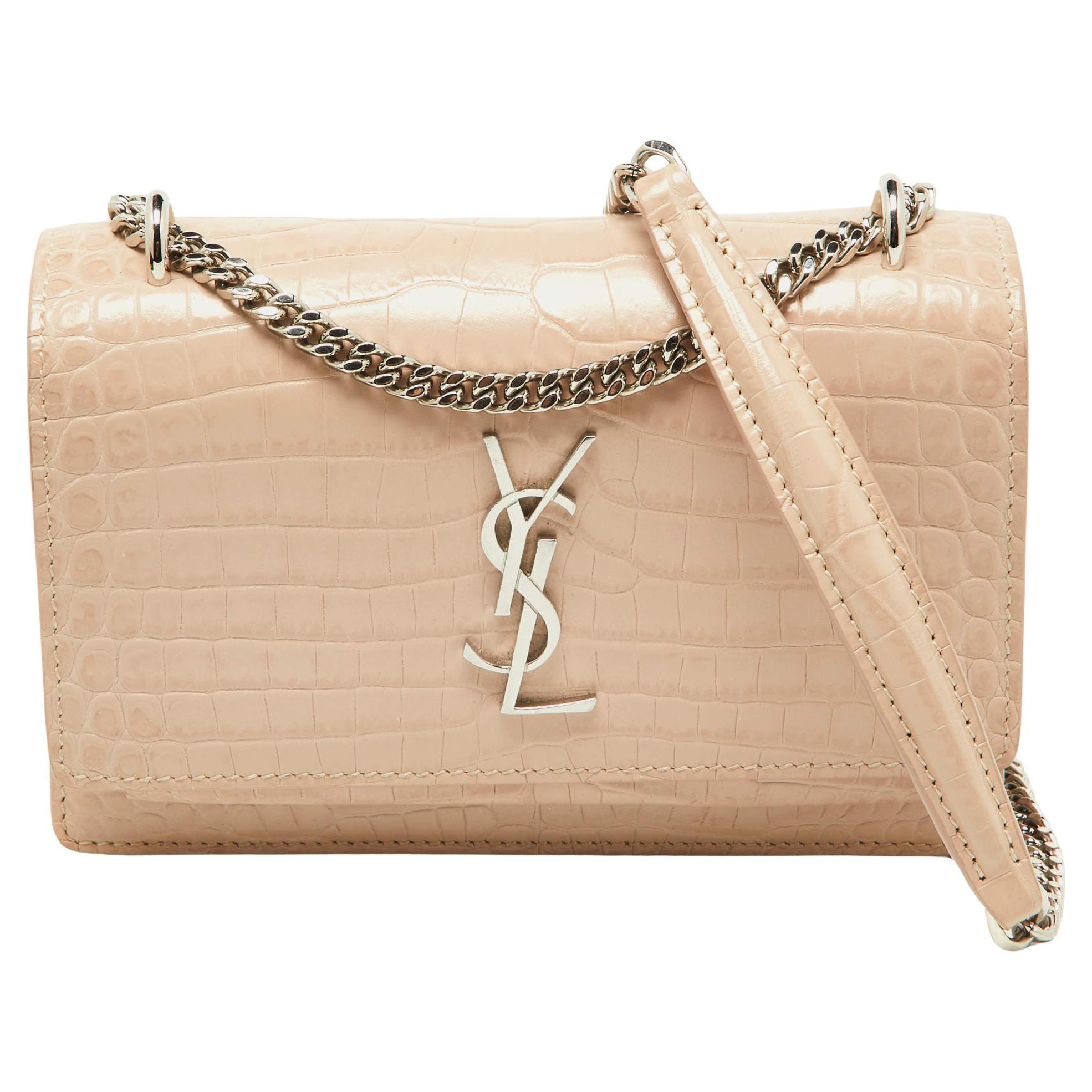 Saint Laurent Pink Croc Embossed Leather Sunset Wallet On Chain For Sale
