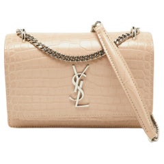 Saint Laurent Pink Croc Embossed Leather Sunset Wallet On Chain