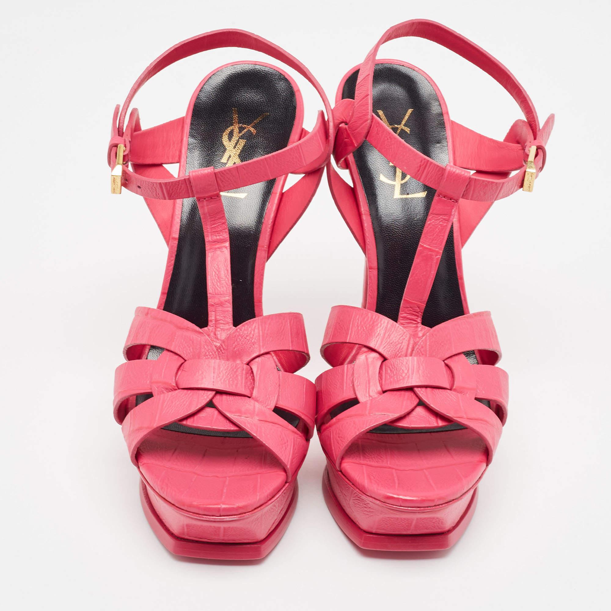 Women's Saint Laurent Pink Croc Embossed Leather Tribute Sandals Size 38.5 For Sale