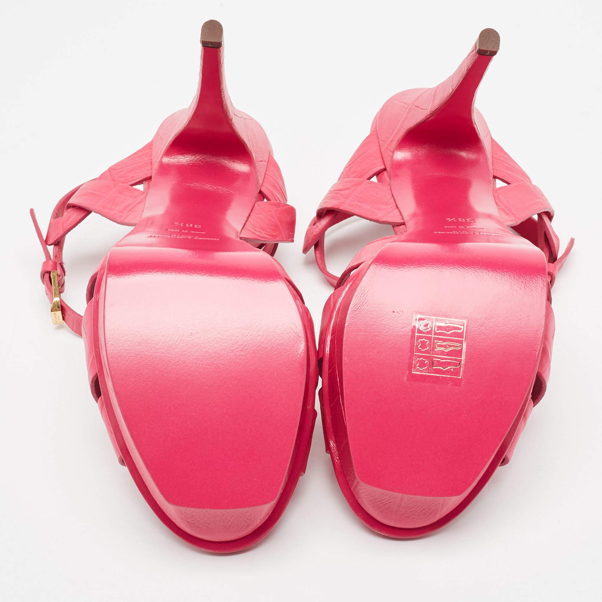 Saint Laurent Pink Croc Embossed Leather Tribute Sandals Size 38.5 For Sale 3