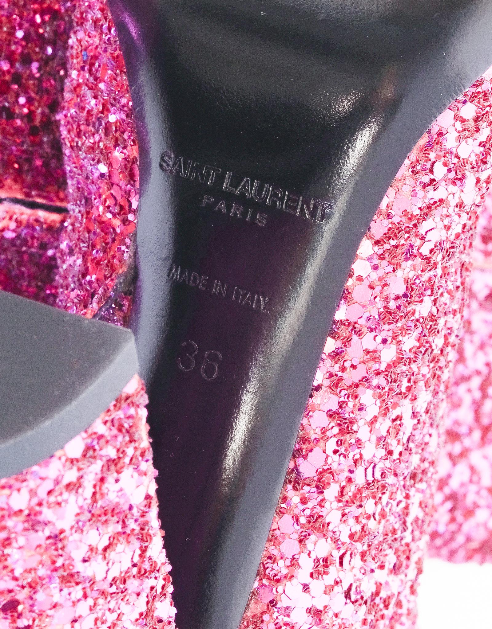 Saint Laurent Pink Glitter Heel Boots (36 EU) In New Condition In Montreal, Quebec