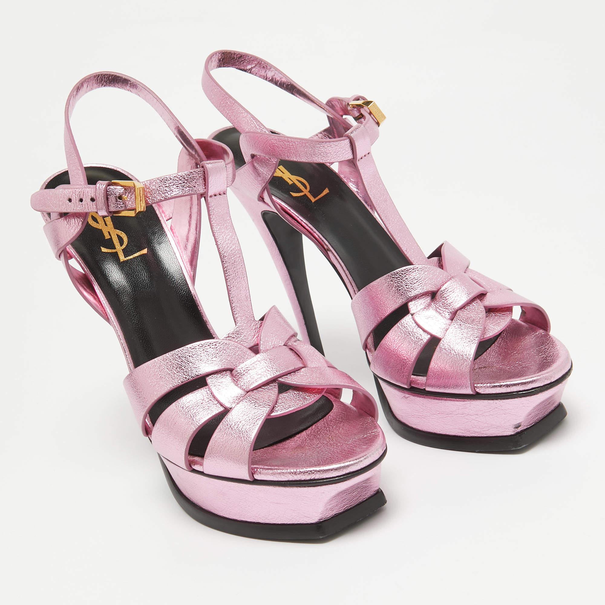 Women's Saint Laurent Pink Leather Tribute Platform Sandals Size 39