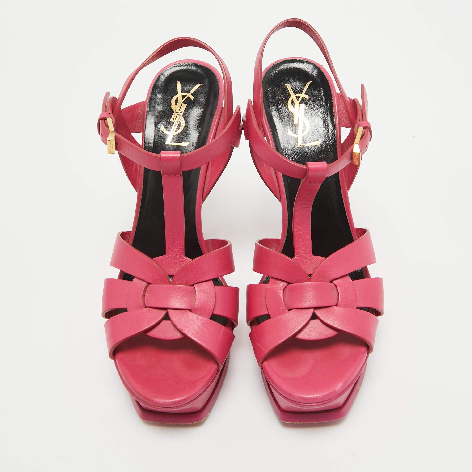 Saint Laurent Pink Leather Tribute Sandals Size 37.5 In Good Condition In Dubai, Al Qouz 2