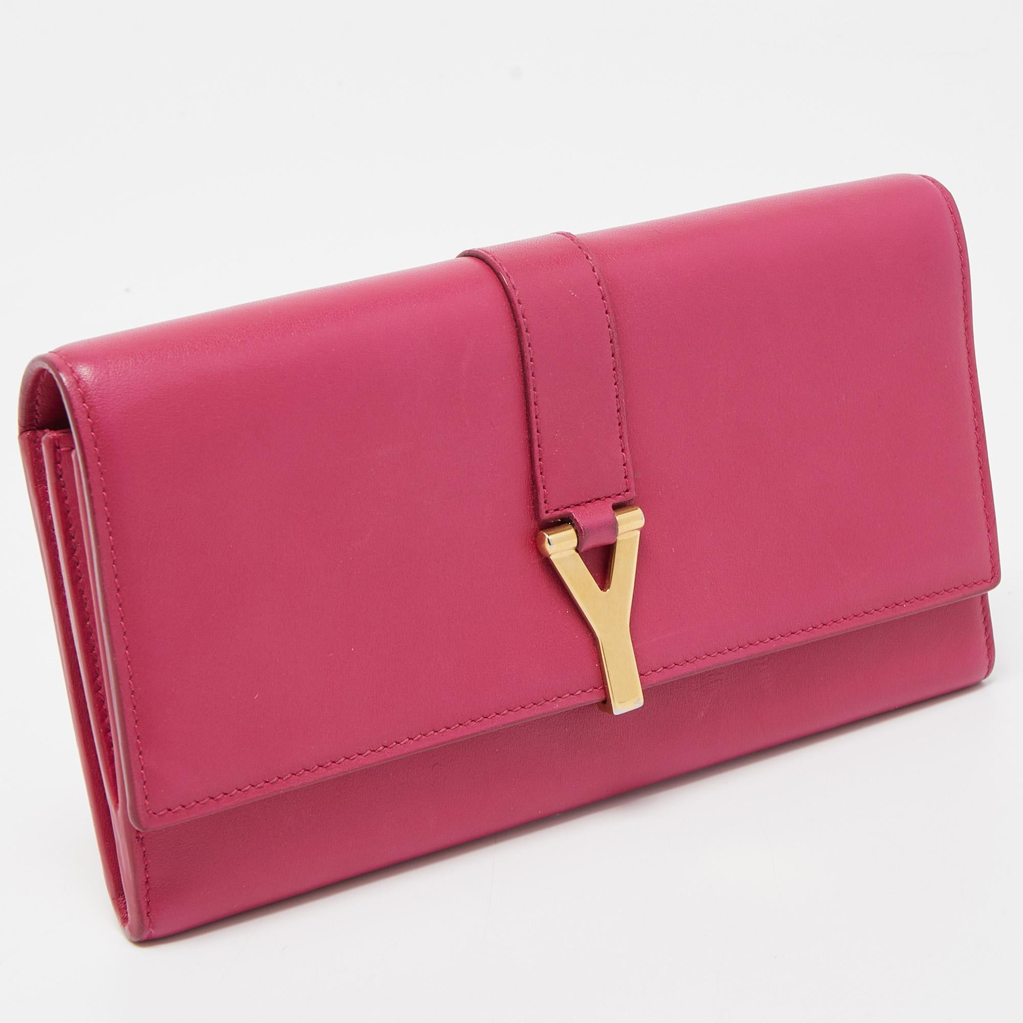 Women's Saint Laurent Pink Leather Y-Ligne Flap Continental Wallet