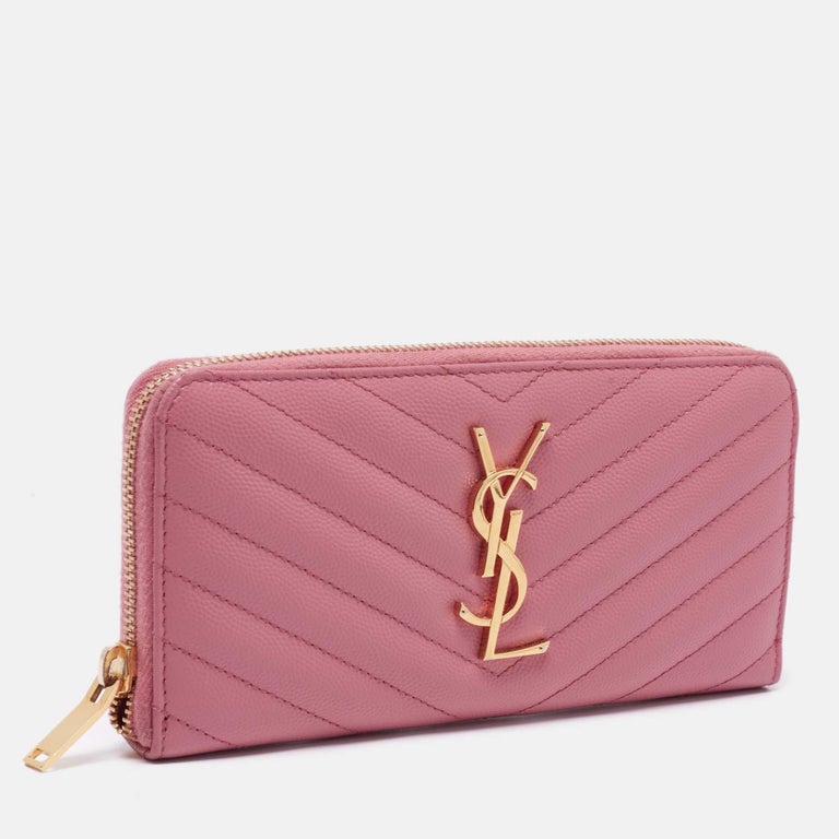Saint Laurent Pink Matelassé Leather Cassandre Zip Around Wallet For