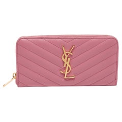 Saint Laurent Pink Matelassé Leather Cassandre Zip Around Wallet