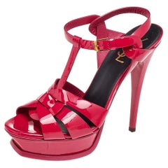 Saint Laurent Pink Patent Leather Tribute Platform Ankle Strap Sandals Size 38.5