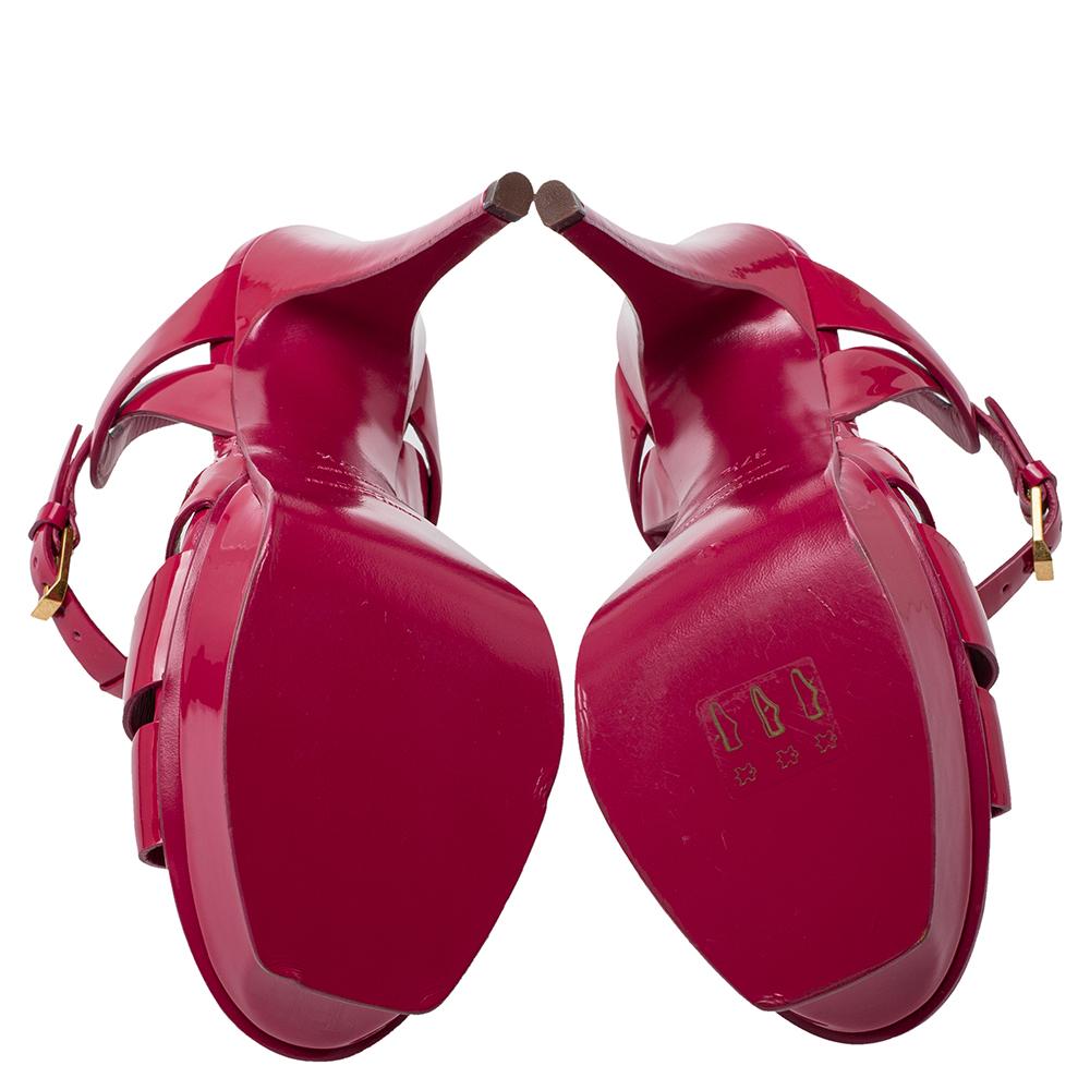 Saint Laurent Pink Patent Leather Tribute Platform Sandals Size 37.5 In Excellent Condition In Dubai, Al Qouz 2