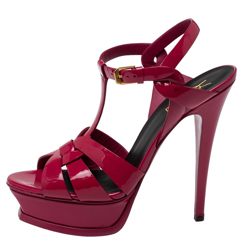 Women's Saint Laurent Pink Patent Leather Tribute Platform Sandals Size 37.5