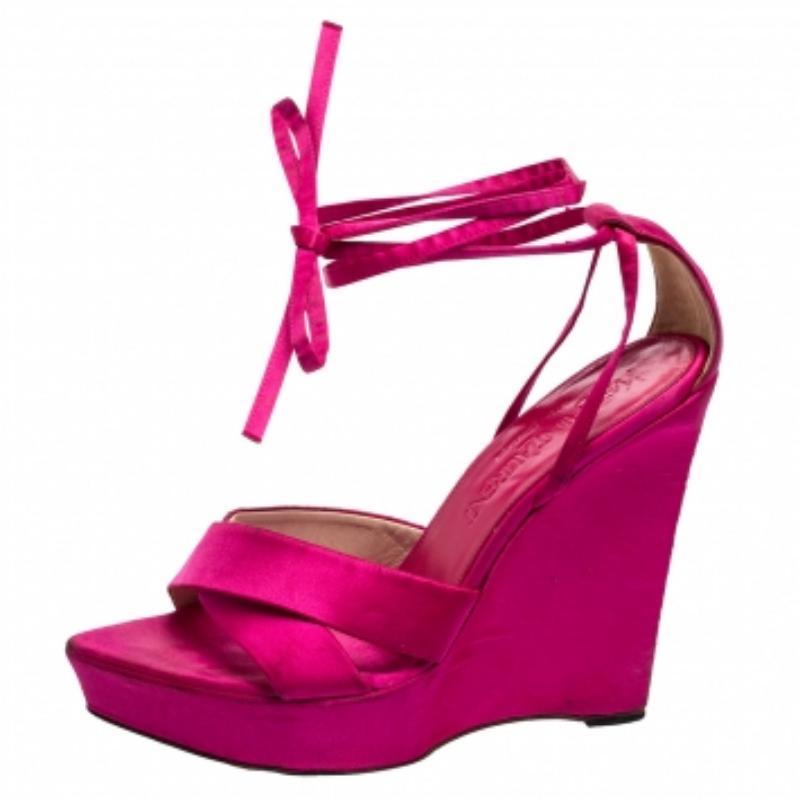 Saint Laurent Sandali con zeppa in raso rosa taglia 36 in vendita 3