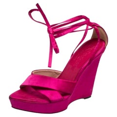 Saint Laurent Pink Satin Wedge Ankle Wrap Sandals Size 36