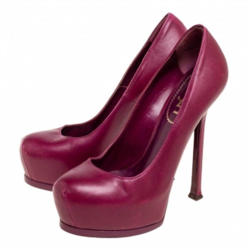 Brown Saint Laurent Plum Leather Tribtoo Pumps Size 35.5 For Sale