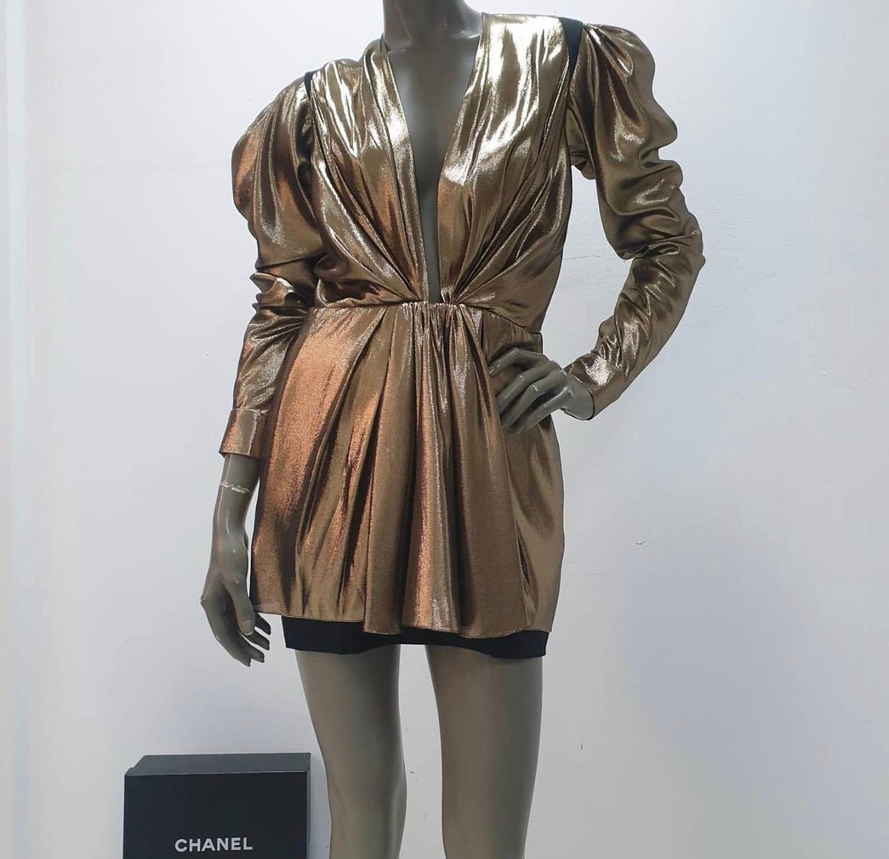 Marrone Saint Laurent - Vestito a tunica in oro con scollo a tuffo