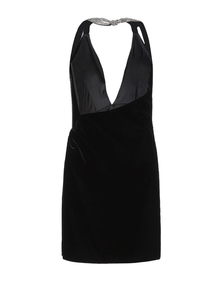 Saint Laurent Plunging Black Velvet Mini Dress with Crystal Straps Size ...