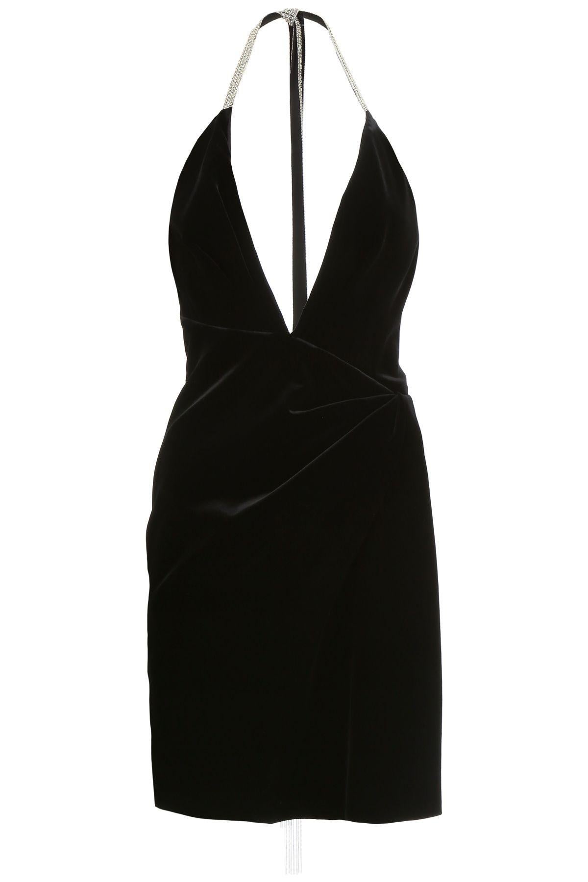 Saint Laurent Plunging Black Velvet Mini Dress with Crystal Straps Size 36