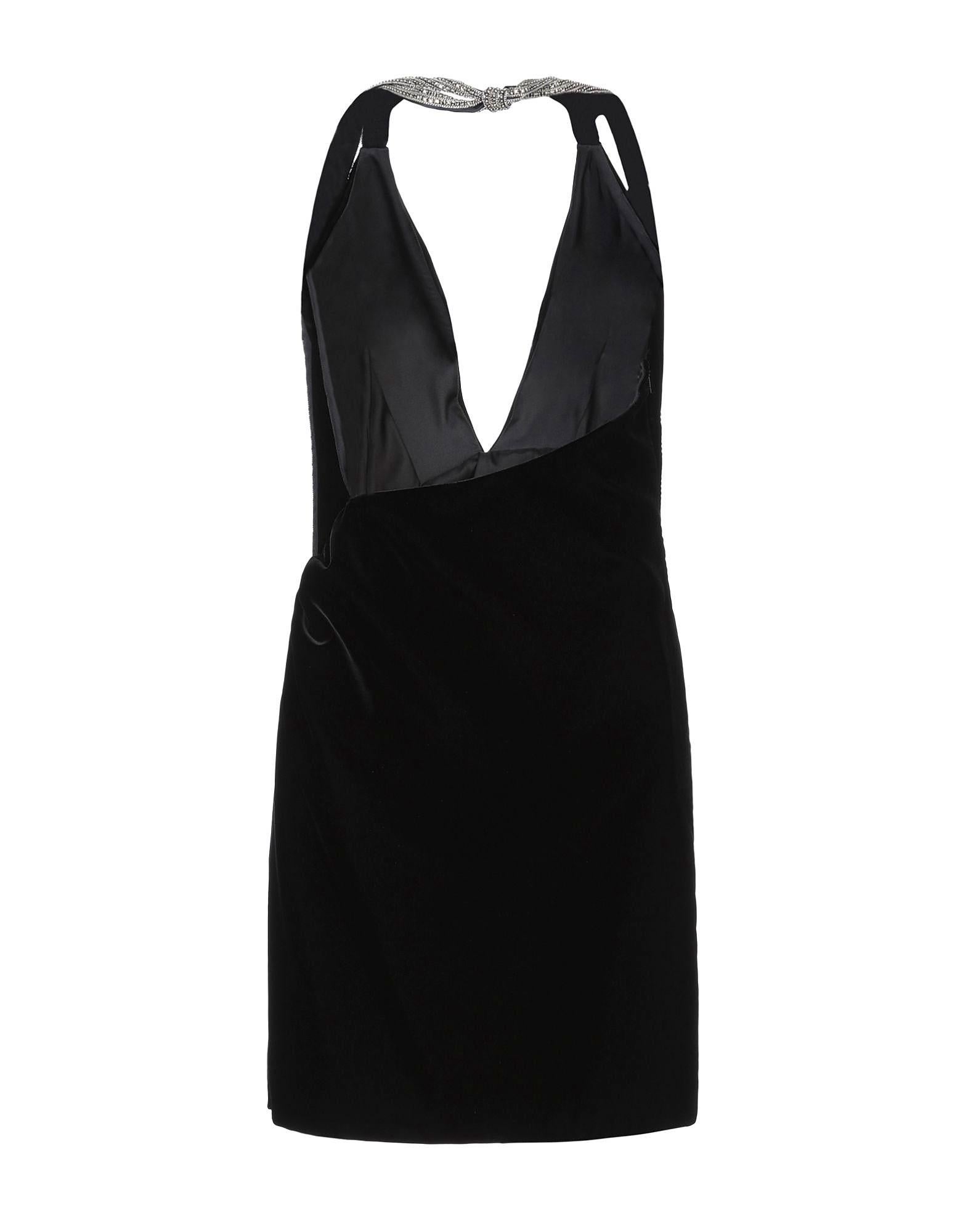 Saint Laurent Plunging Black Velvet Mini Dress with Crystal Straps

This spectacular little black dress design by Saint Laurent is a velvet dress with a deep V neck and draped side. It features criss-crossing satin ribbons with crystal and chain