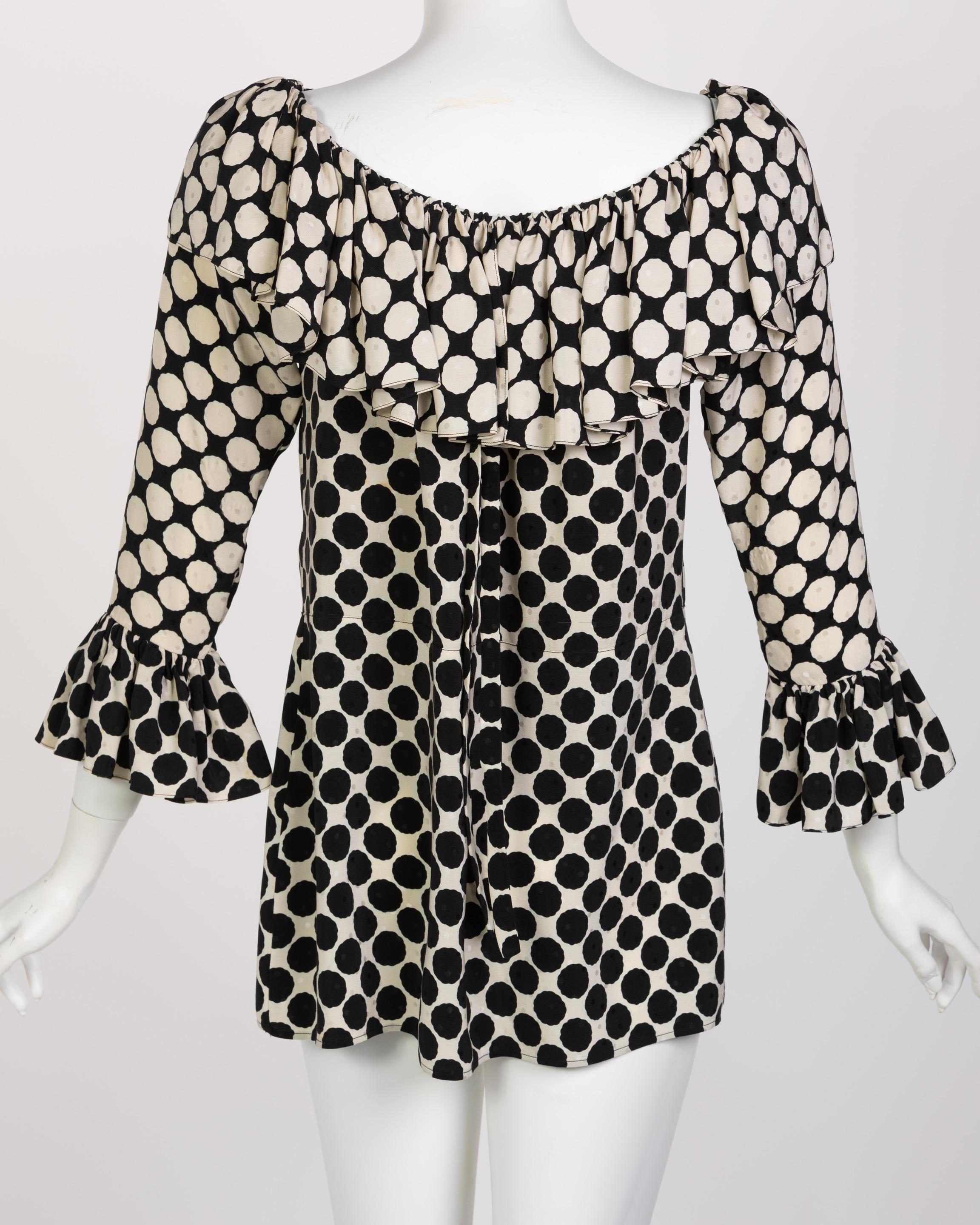 Saint Laurent Polka Dot Ruffle Blouse YSL, 1985 For Sale 8