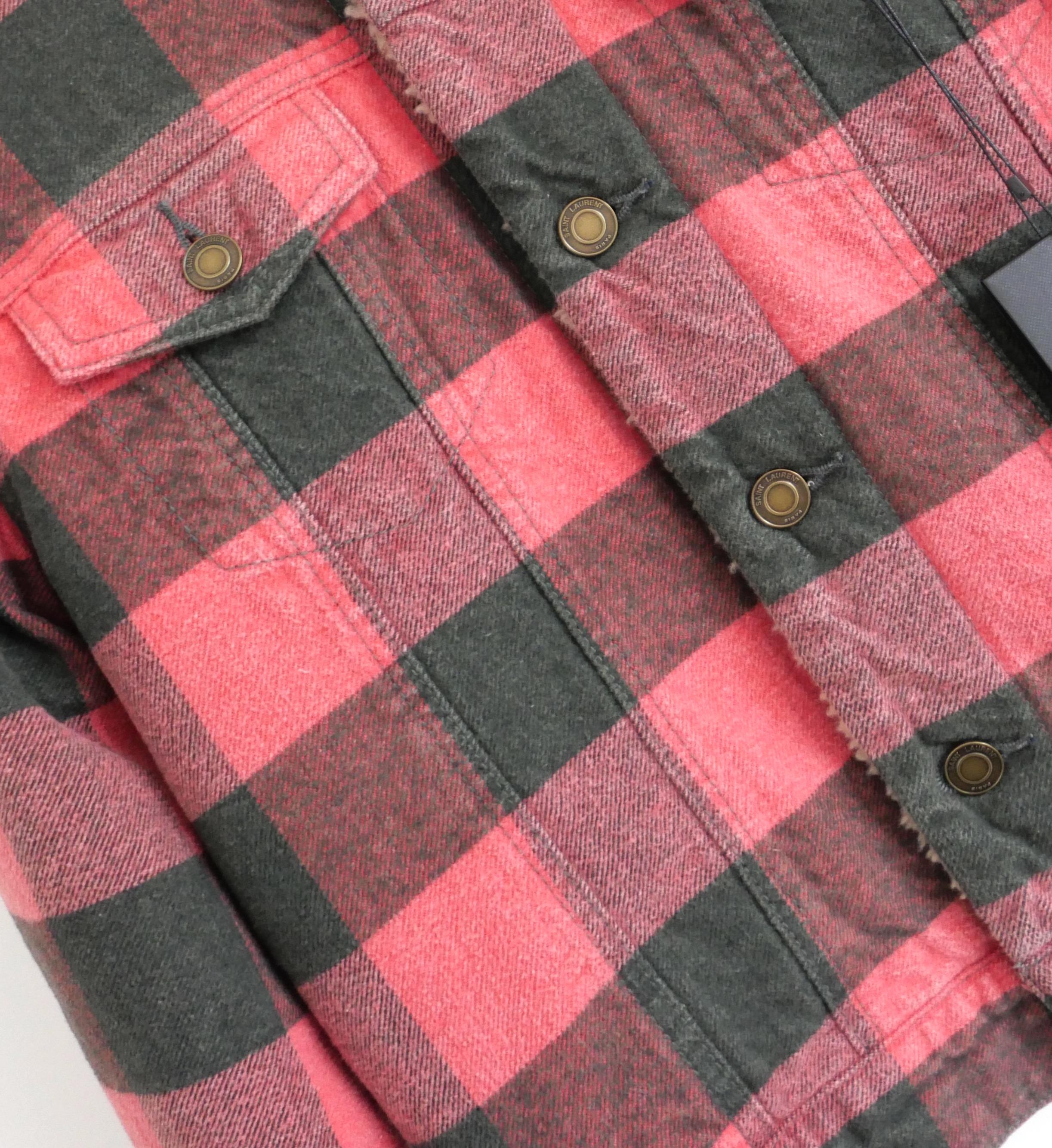 Black Saint Laurent Pre-Fall 2020 Menswear Plaid & Faux Shearling Jacket