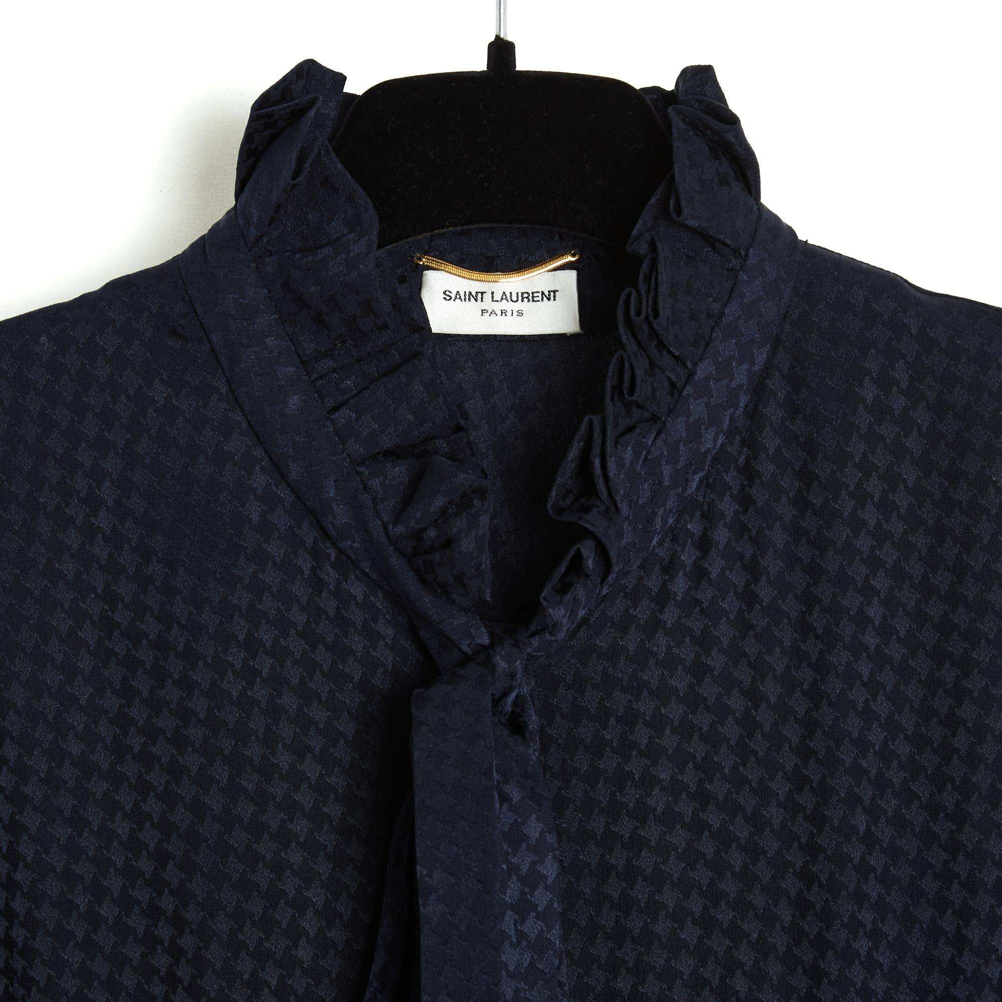 Women's Saint Laurent Pre Fall 2020 Robe FR40 Navy Silk Houndstooth Maxi Dress UK12 US10