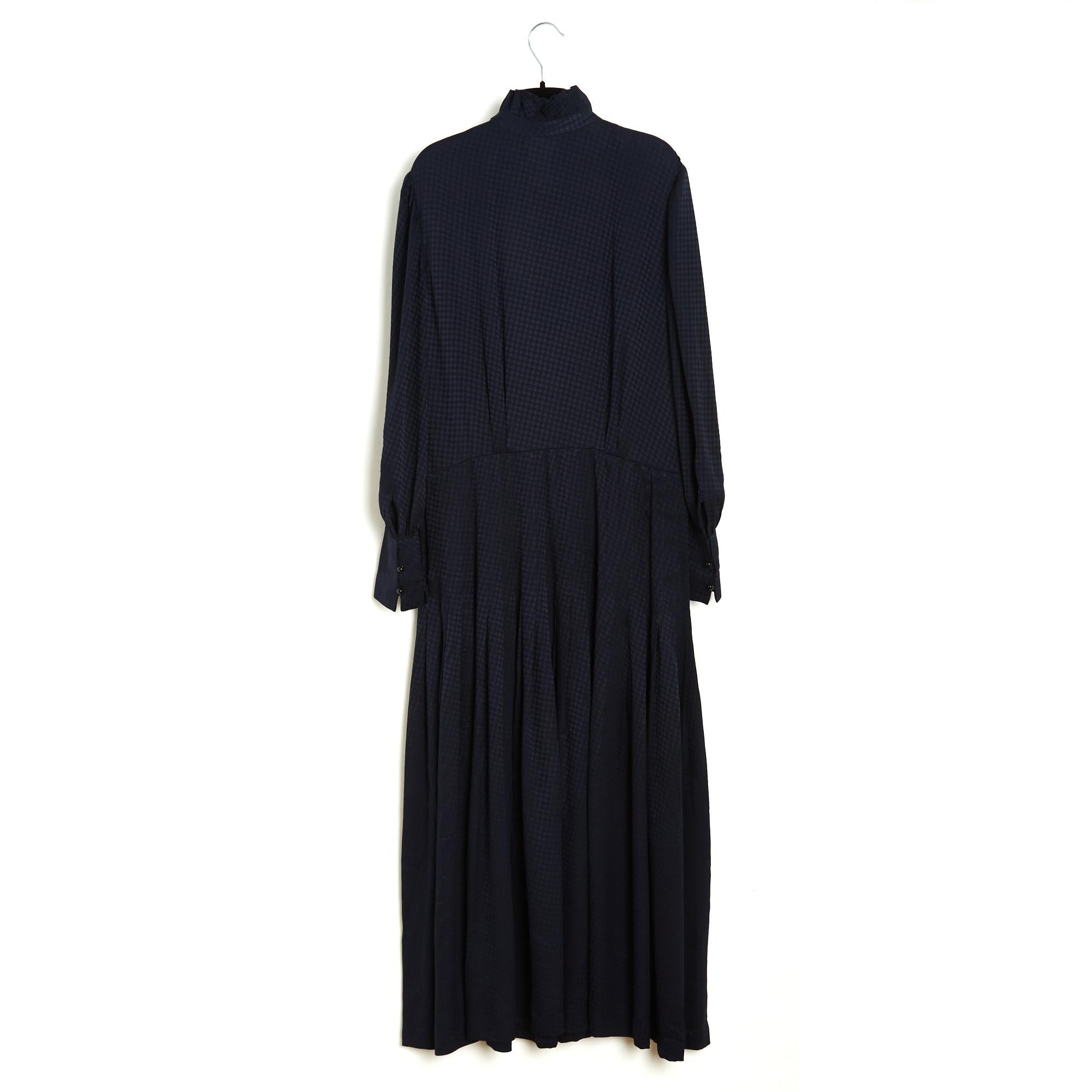 Saint Laurent Pre Fall 2020 Robe FR40 Navy Silk Houndstooth Maxi Dress UK12 US10 1