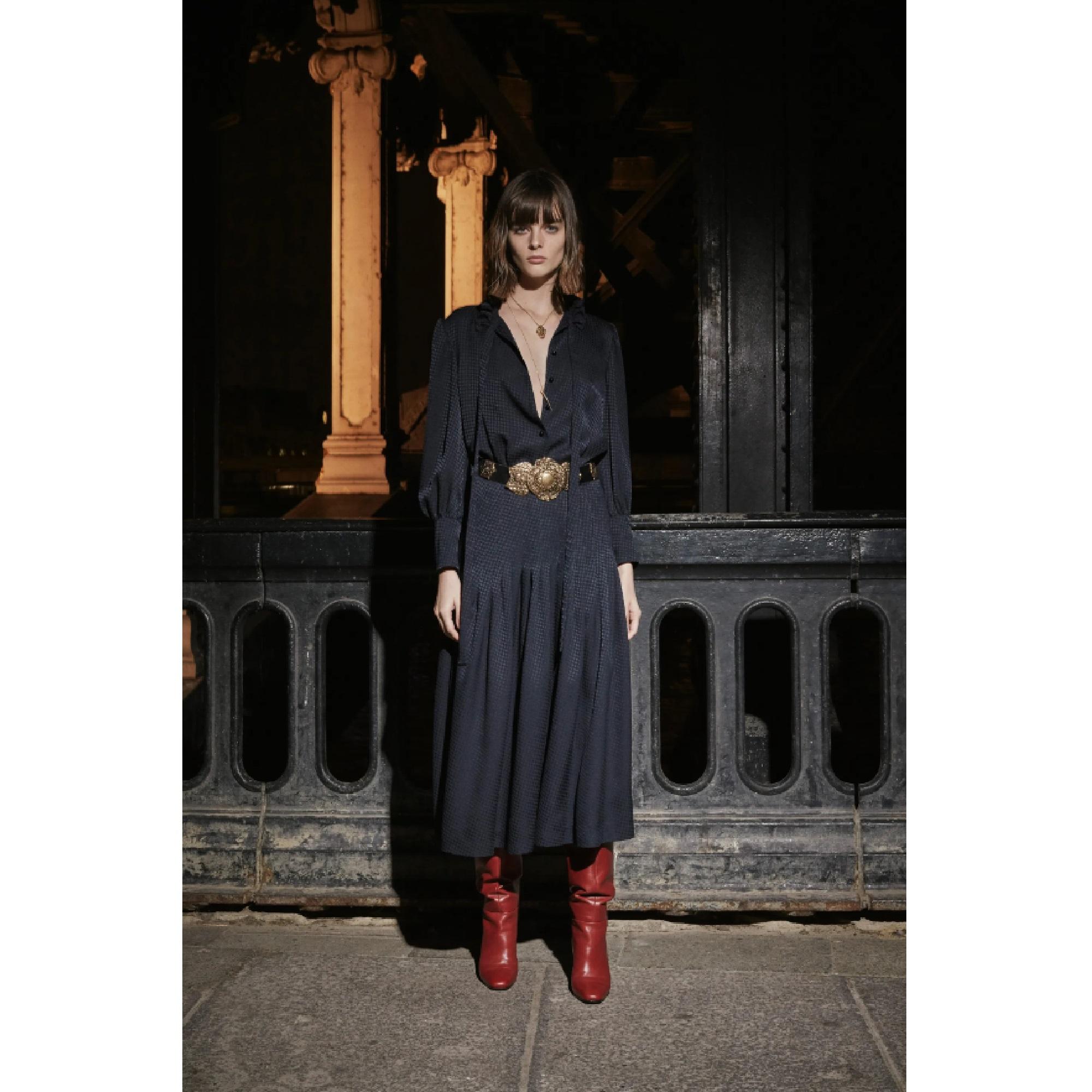Saint Laurent Pre Fall 2020 Robe FR40 Navy Silk Houndstooth Maxi Dress UK12 US10 2