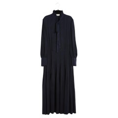 Saint Laurent Pre Fall 2020 Robe FR40 Navy Silk Houndstooth Maxi Dress UK12 US10