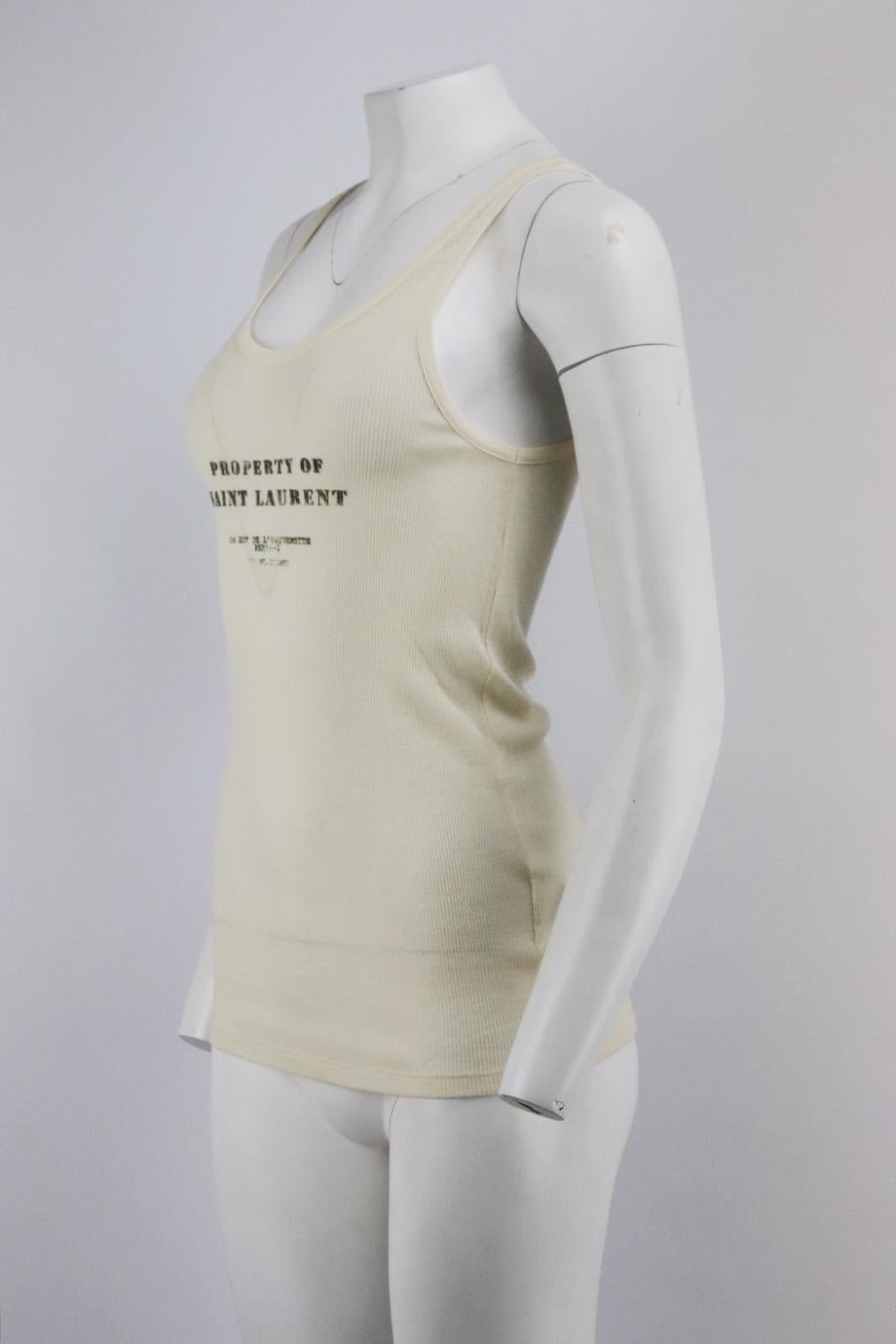 Saint Laurent printed ribbed stretch wool top. Cream. Sleeveless, crewneck. 100% Wool. Size: XSmall (UK 6, US 2, FR 34, IT 38). Bust: 26 in. Waist: 25 in. Hips: 28 in. Length: 26.5 in. Very good condition - No sign of wear; see pictures.
