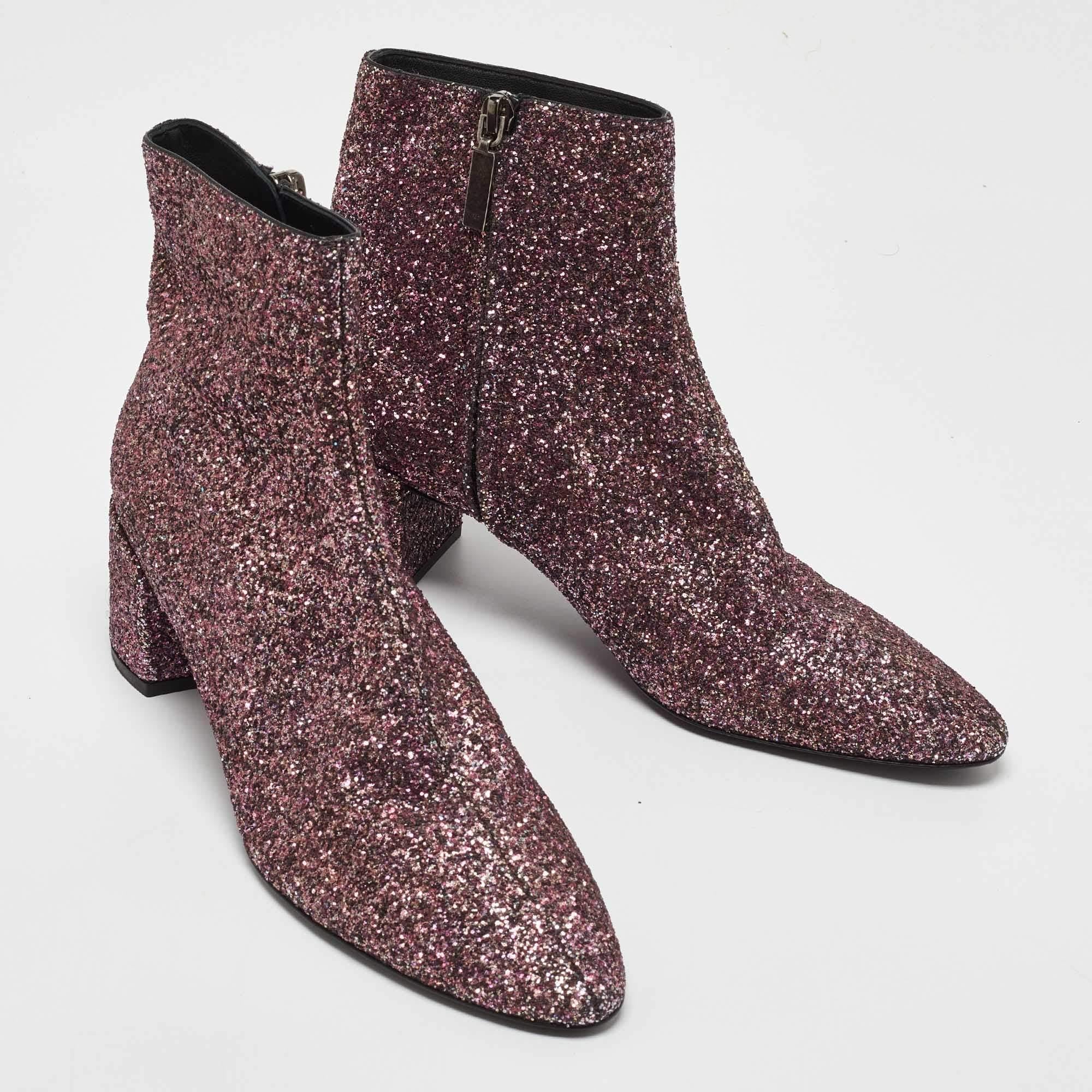Black Saint Laurent Purple Coarse Glitter Lou Ankle Boots Size 38
