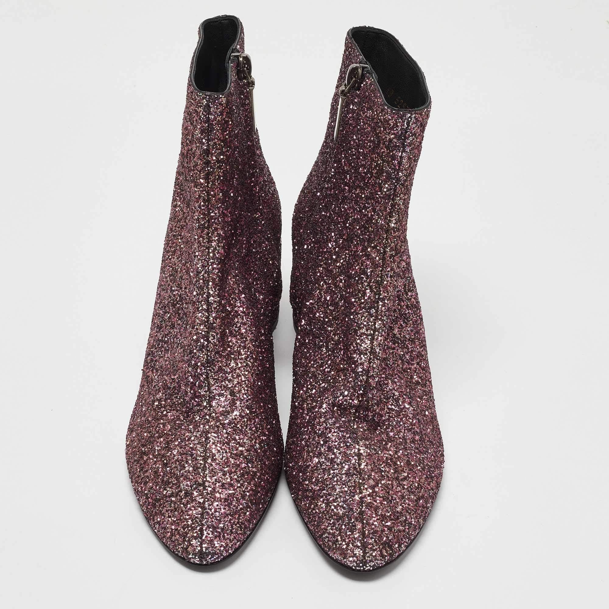 Saint Laurent Purple Coarse Glitter Lou Ankle Boots Size 38 In New Condition In Dubai, Al Qouz 2