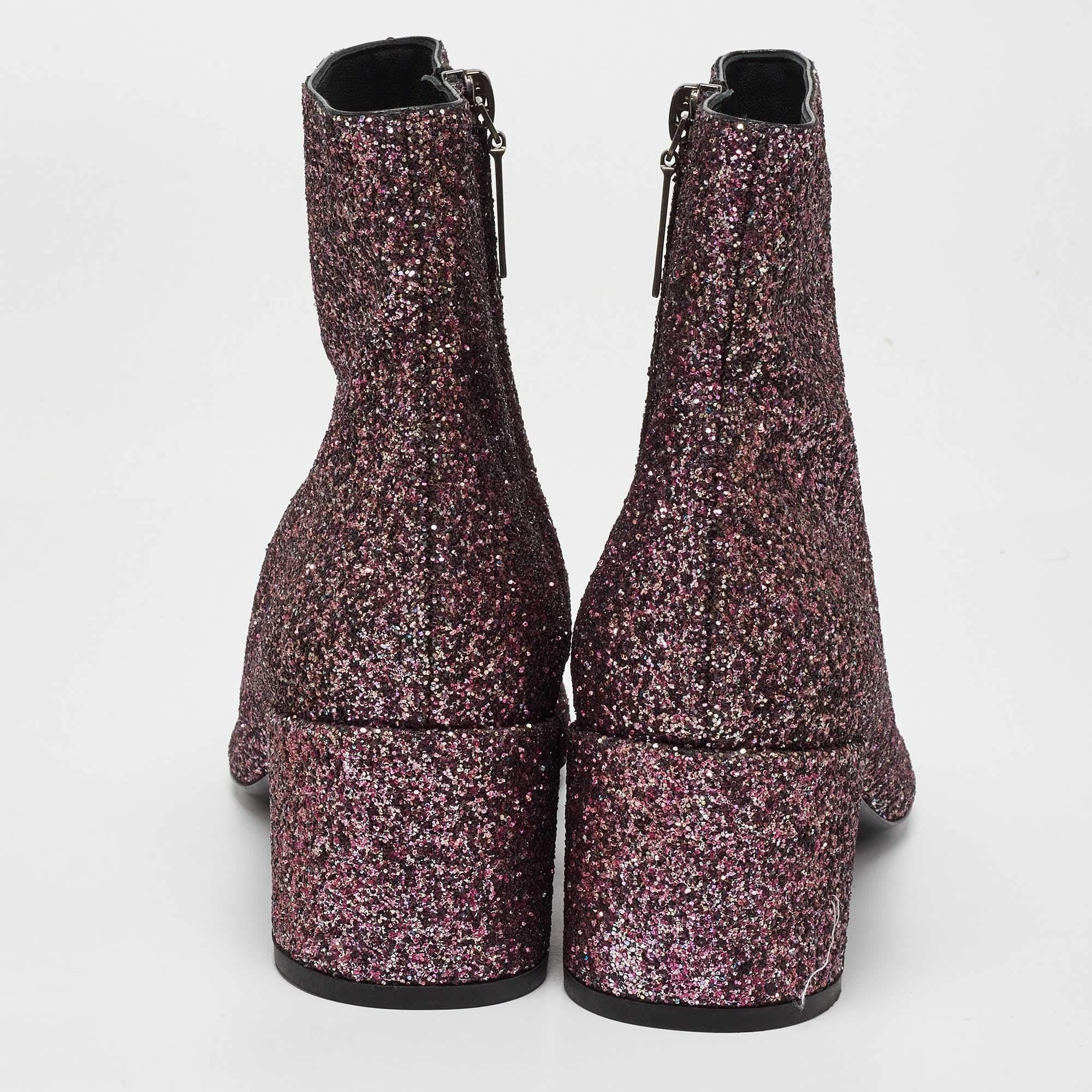 Women's Saint Laurent Purple Coarse Glitter Lou Ankle Boots Size 38