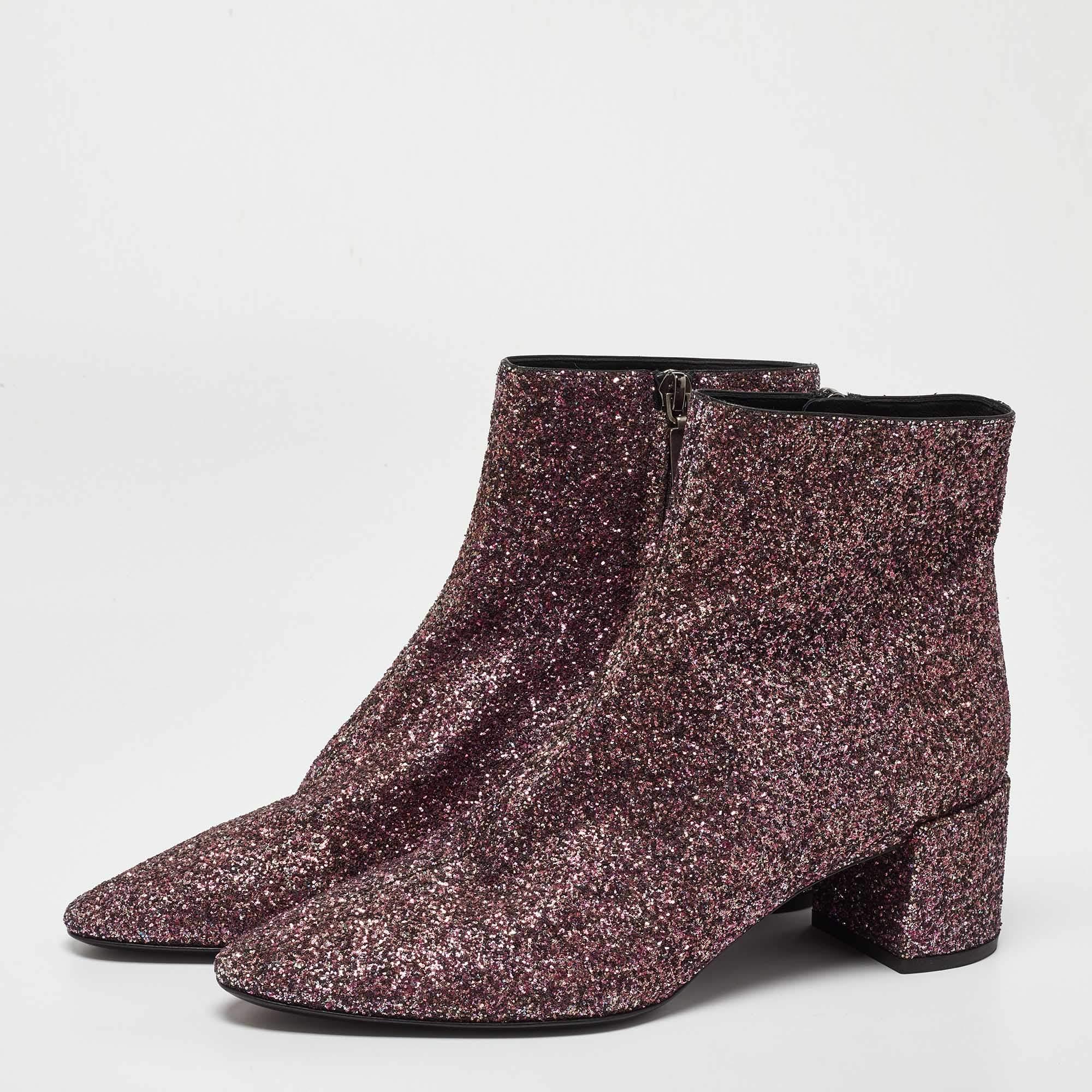 Saint Laurent Purple Coarse Glitter Lou Ankle Boots Size 38 5