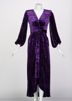 Saint Laurent Purple Crushed Velvet Plunge Wrap Dress YSL Runway, 1985