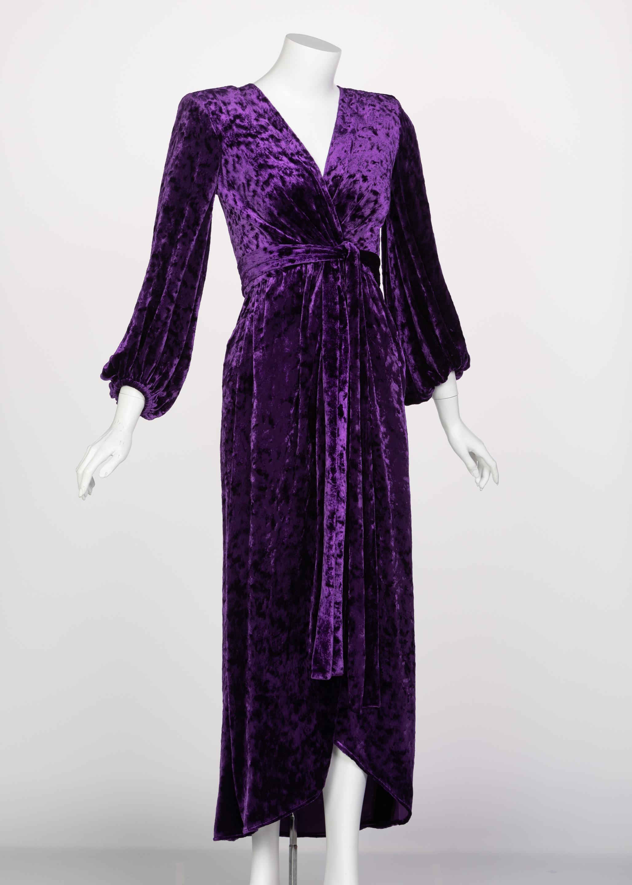 Saint Laurent Purple Crushed Velvet Plunge Wrap Dress YSL Runway, 1985 In Excellent Condition For Sale In Boca Raton, FL