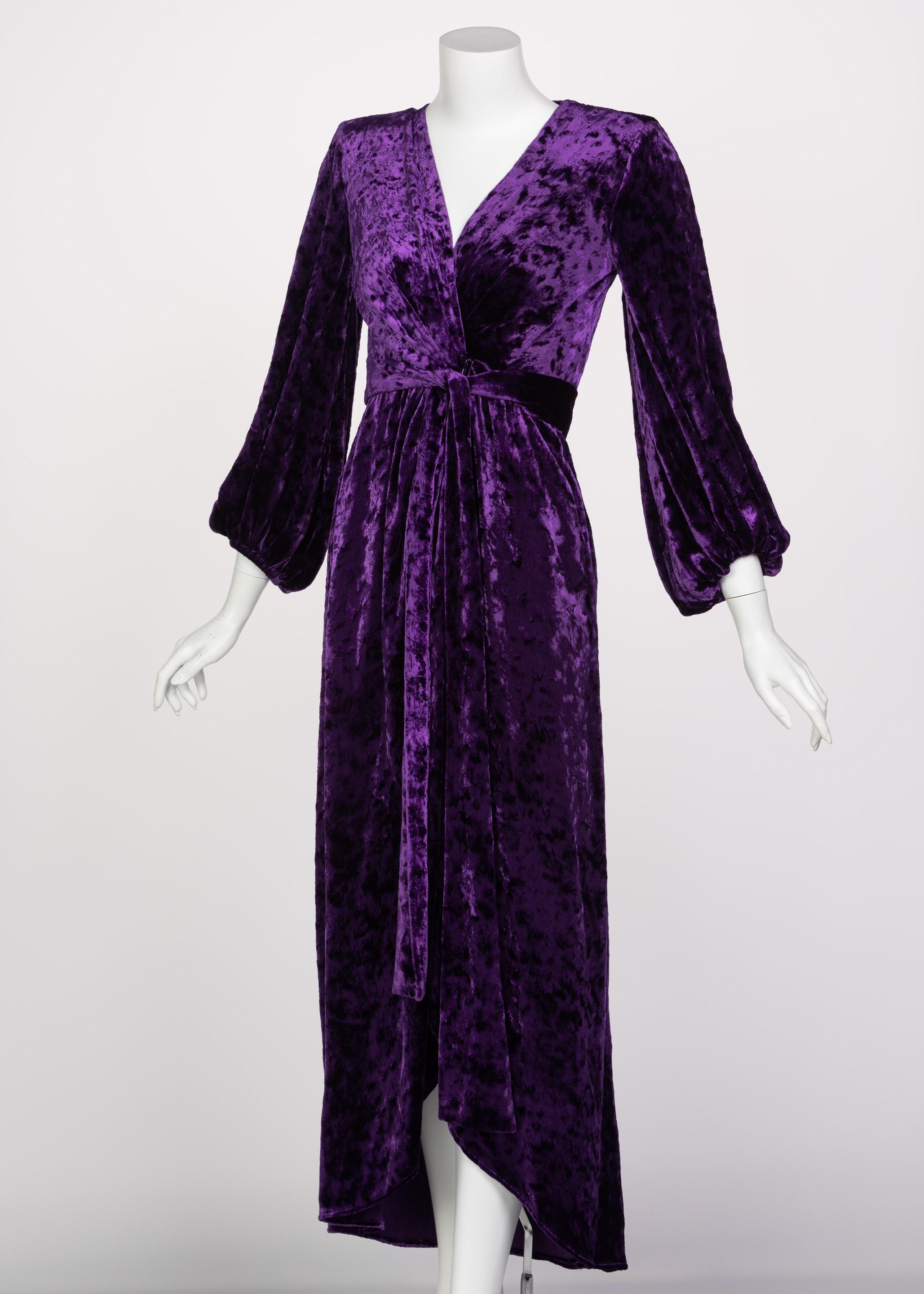 Women's Saint Laurent Purple Crushed Velvet Plunge Wrap Dress YSL Runway, 1985 For Sale