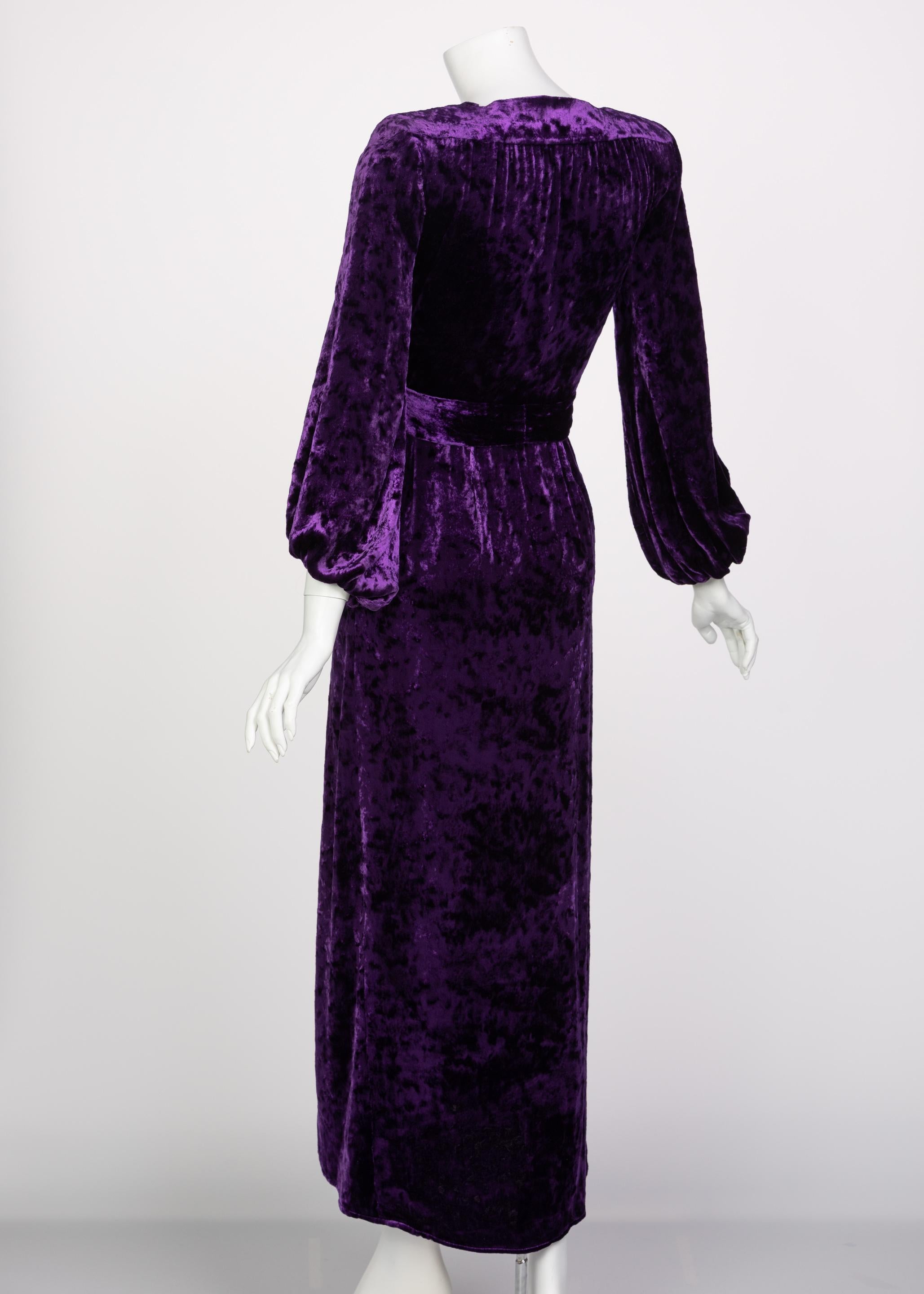 Saint Laurent Purple Crushed Velvet Plunge Wrap Dress YSL Runway, 1985 For Sale 1