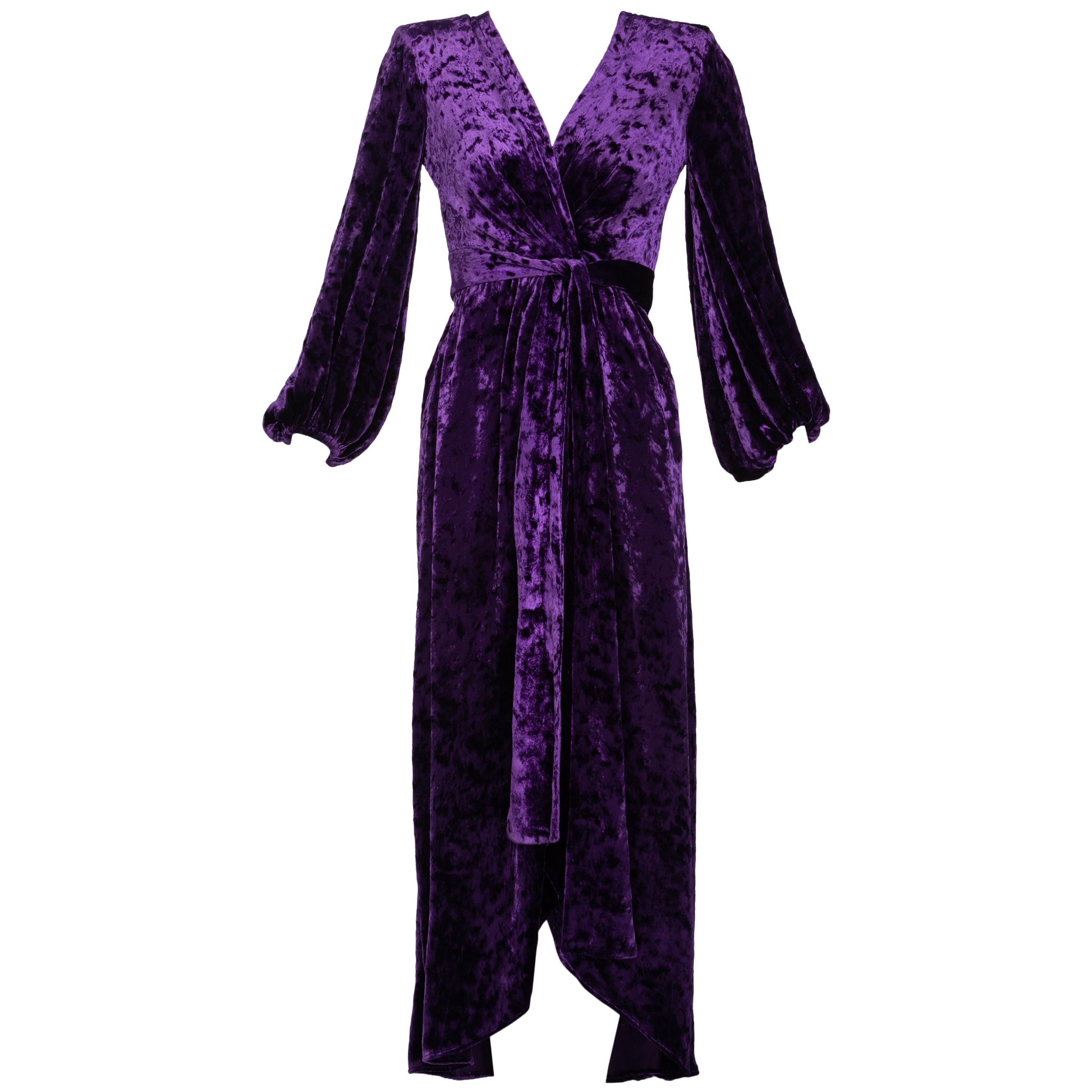 Saint Laurent Purple Crushed Velvet Plunge Wrap Dress YSL Runway, 1985 For Sale
