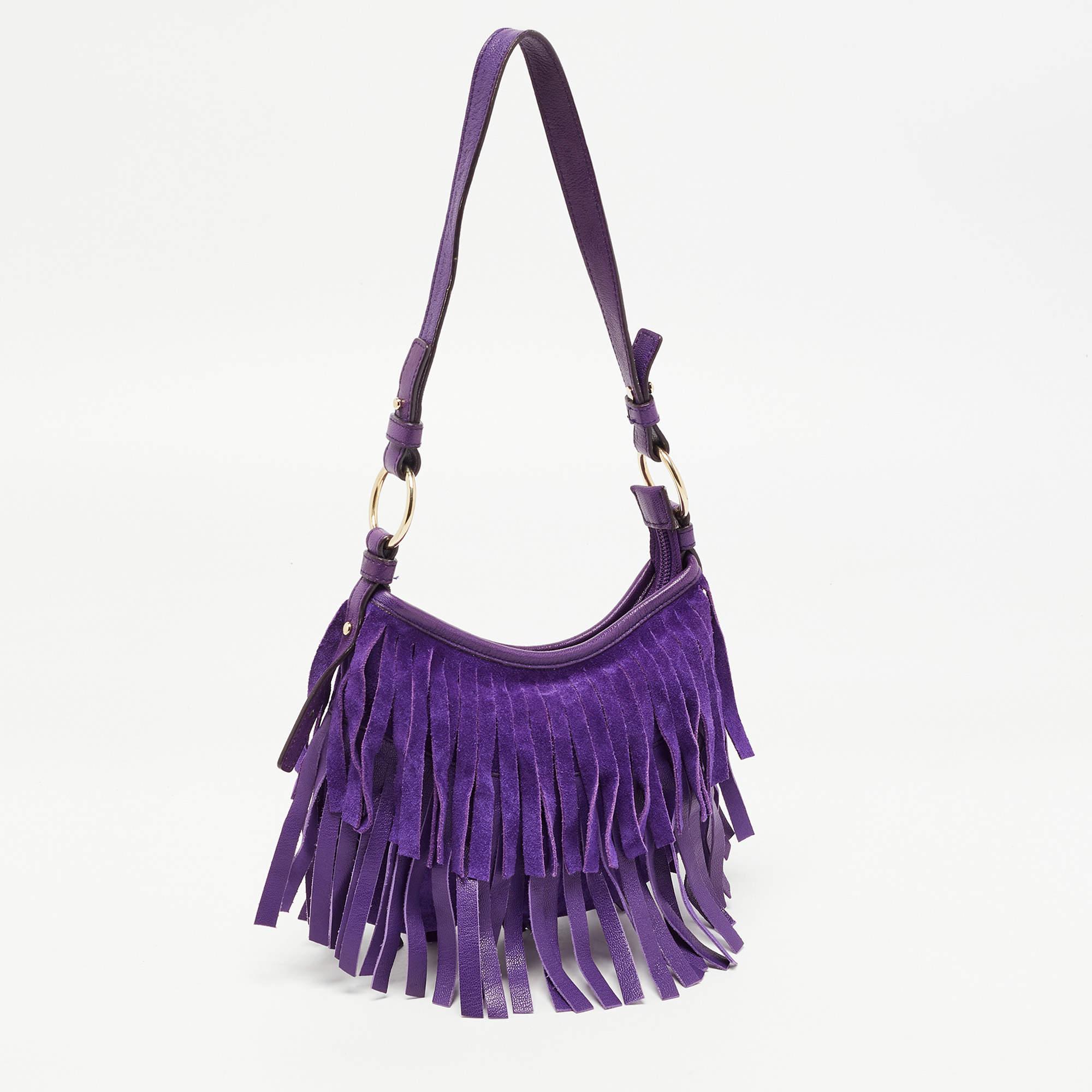 Women's Saint Laurent Purple Fringed Suede And Leather Shoulder Bag