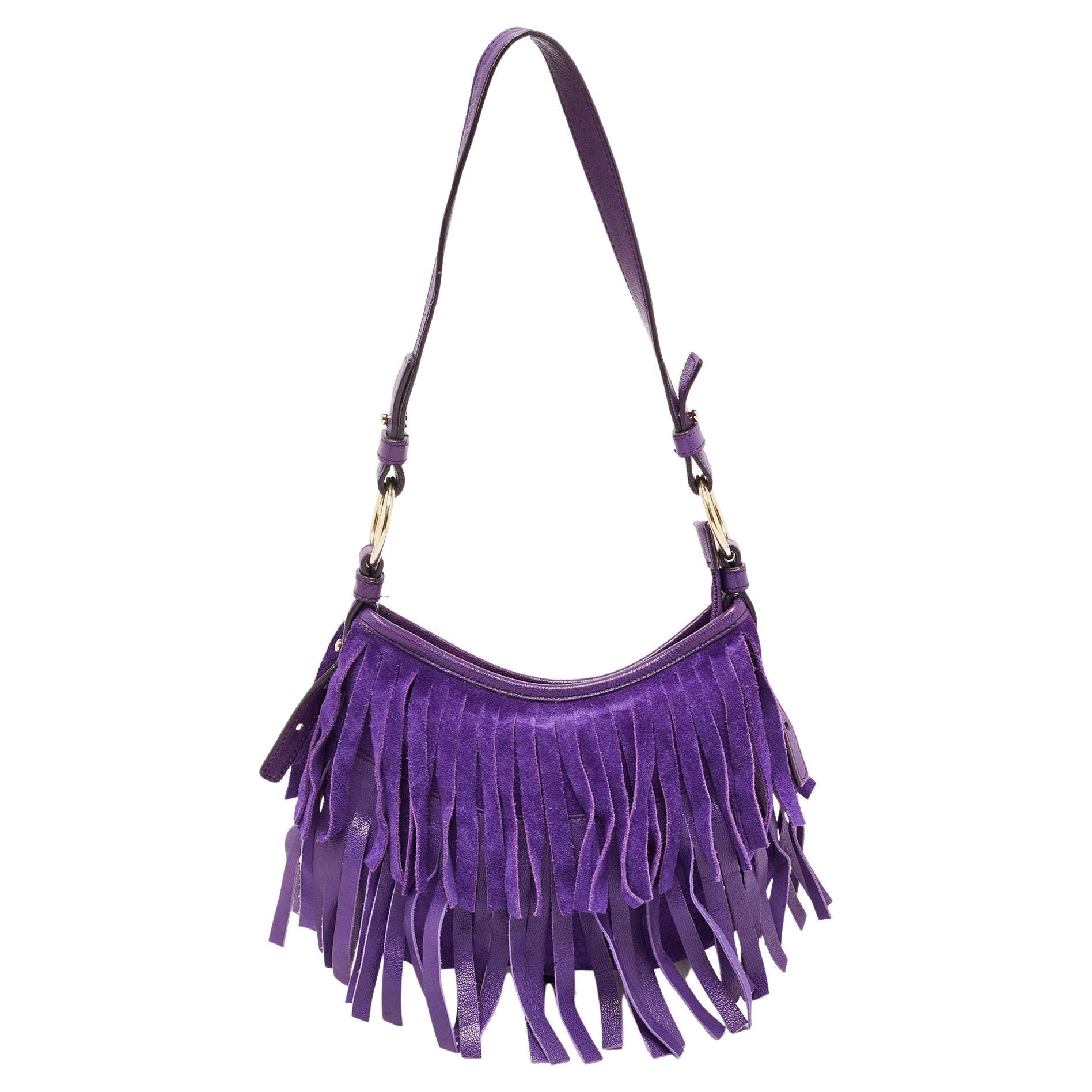 Saint Laurent Purple Fringed Suede And Leather Shoulder Bag