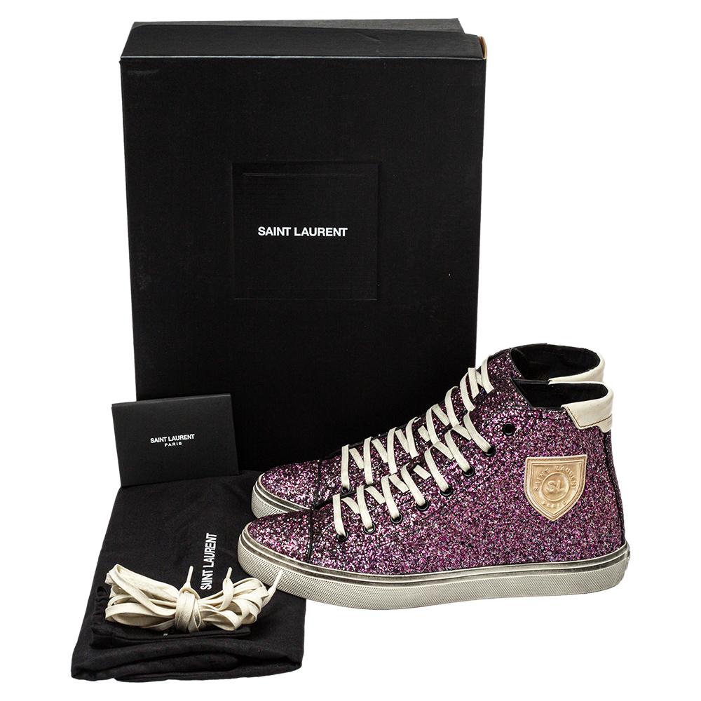 Gray Saint Laurent Purple Glitter High Top Sneakers Size 40