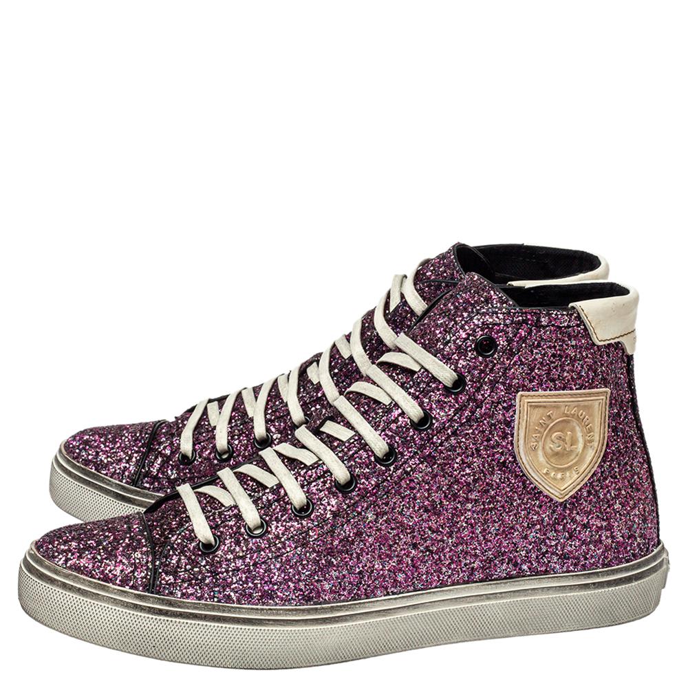Saint Laurent Purple Glitter High Top Sneakers Size 40 In New Condition In Dubai, Al Qouz 2