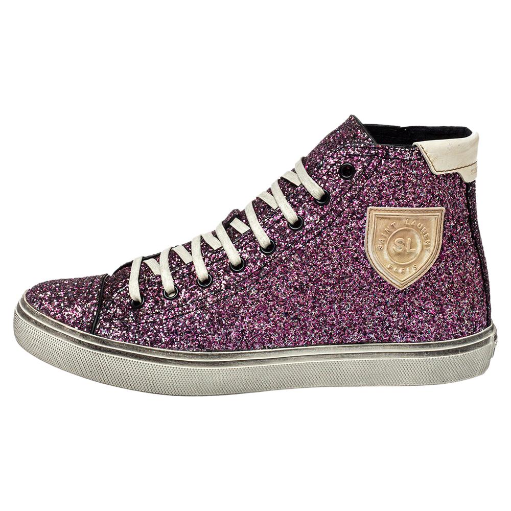 Saint Laurent Purple Glitter High Top Sneakers Size 40