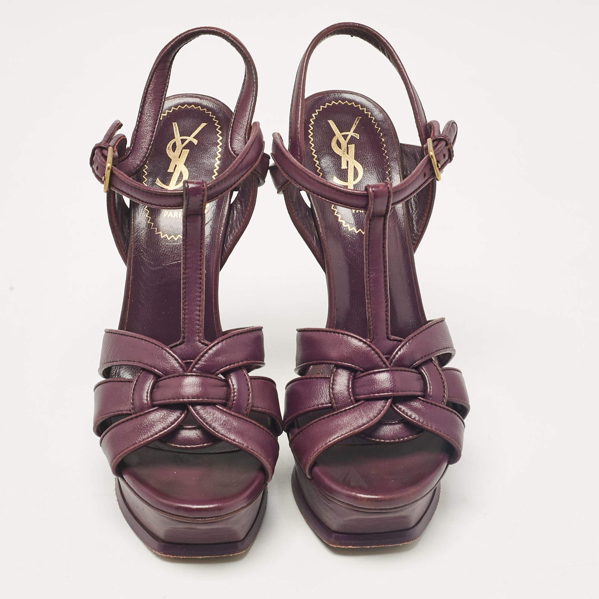Gray Saint Laurent Purple Leather Tribute Platform Sandals Size 37